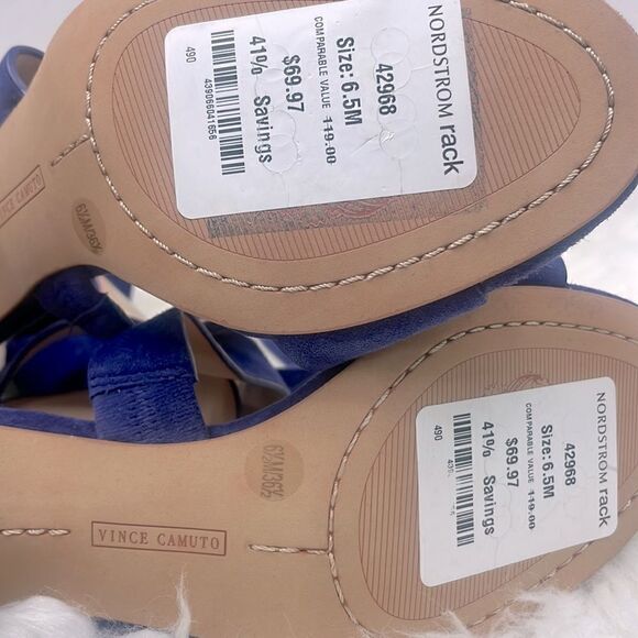 NEW Vince Camuto | VC-Jeneve strappy sandals 6.5 blue,suede ankle wrap 3” heel - Picture 8 of 10